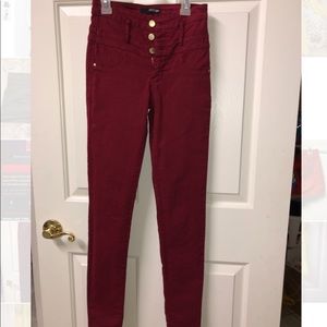 High waisted, maroon jeans